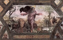 Création des animaux par Raphaël (1518-1519) : Dieu, marchant sur la terre, en fait surgir des animaux de toute espèce. Fresque de la Loggia di Raffaello.